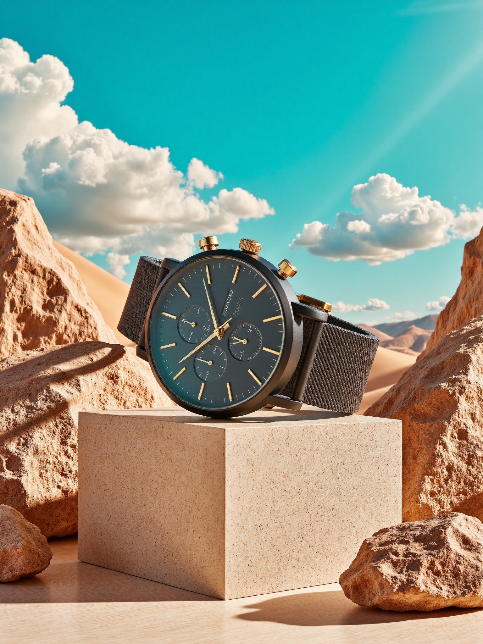 Product Shots,A photograph of a sleek,black leather strap watch with a dark face and three sub-dials,placed on a beige stone pedestal in a desert landscape with sand dunes and rocky outcrops under a bright blue sky with fluffy white clouds. The watch has a modern,minimalist design with gold accents.,