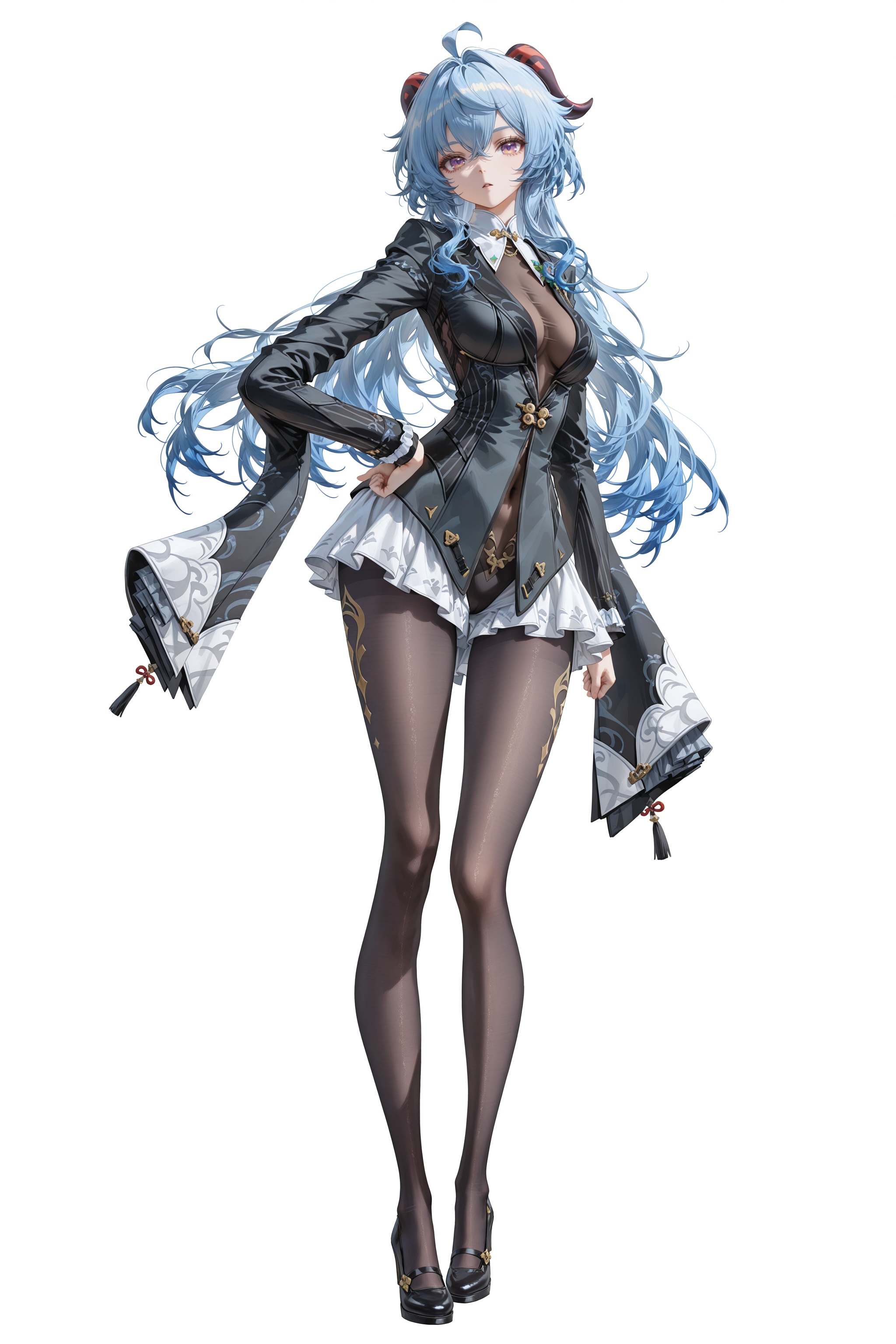 (8k:0.9),best quality,masterpiece,(ultra-detailed),(high detailed skin),rella,(nanaken nana:0.95),u u zan,banishment,stu dts,(miv4t:0.95),(wlop:0.9),(suzumi \(ccroquette\):1.1),rei \(sanbonzakura\),torino aqua,(Morikura En:1.05),full body,full shot,standing,looking at viewer,(solo:1.2),simple background,(white background:1.2),hand on own hip,(white background:1.1),ganyu \(genshin impact\),<lora:yixuan-moxin-ill-Tanger:0.85>,clothes: moxing black suit,white  ruffled underdress peeks,attached auxiliary sleeves,black pantyhose,moxing black suit jacket,