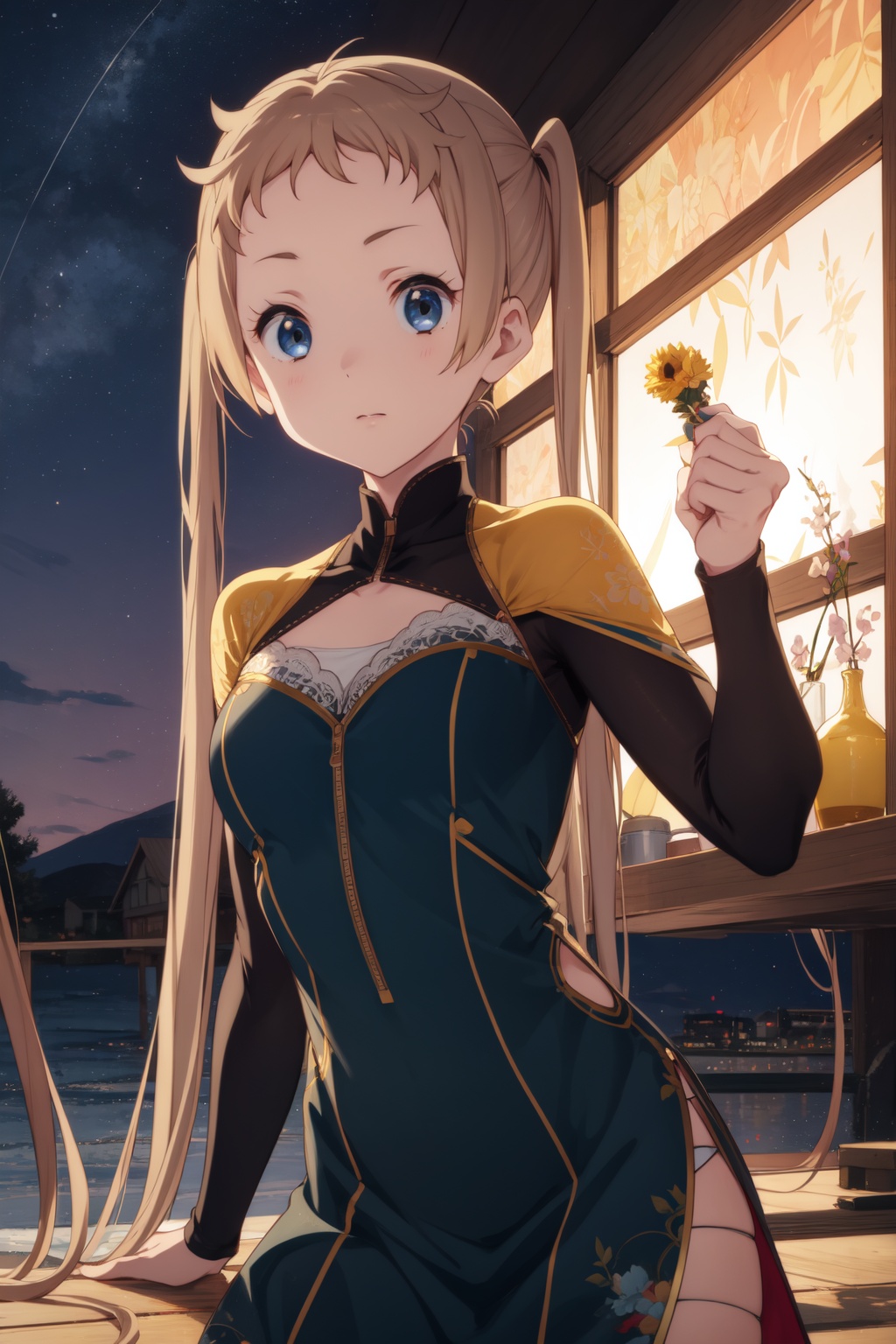 <lora:Sanae-000014:0.8>,Sanae CYQL,1girl,looking at viewer,solo,blonde hair,very long hair,long hair,twintails,brown hair,blue eyes,Velvet bodycon dress with slit,:d,portrait,Mangroves, Swamp, Mud, Roots, Tidal channels, Crabs, Mosquitoes, Biodiversity,(Desert wildflowers, Arid landscape, Desert bloom, Colorful desert, Springtime explosion, Desert oasis:0.5),beautiful detailed sky,beautiful detailed glow,posing in front of a colorful and dynamic background,masterpiece,best quality,beautiful and aesthetic,contrapposto,female focus,wallpaper,