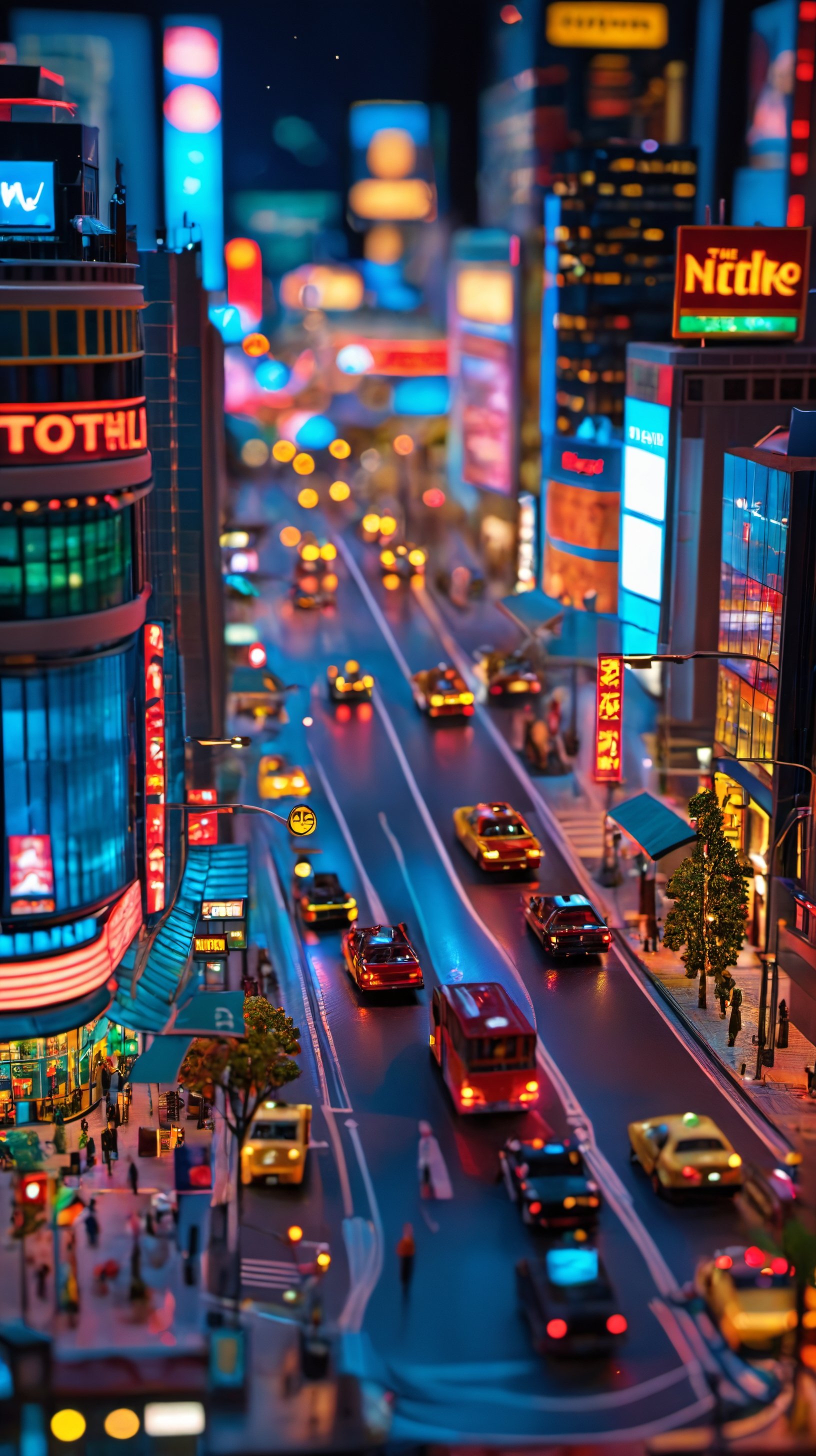 <lora:鼻涕泡_微缩王国_V1.0:0.9>,highly detailed,ultra-high resolutions,32K UHD,best quality,masterpiece,tao,chi,motor vehicle,car,blurry,outdoors,city,crosswalk,road,depth of field,scenery,building,bag,The image showcases a vibrant cityscape at night,with illuminated buildings,streets,and vehicles,all rendered in a miniature or diorama style.,