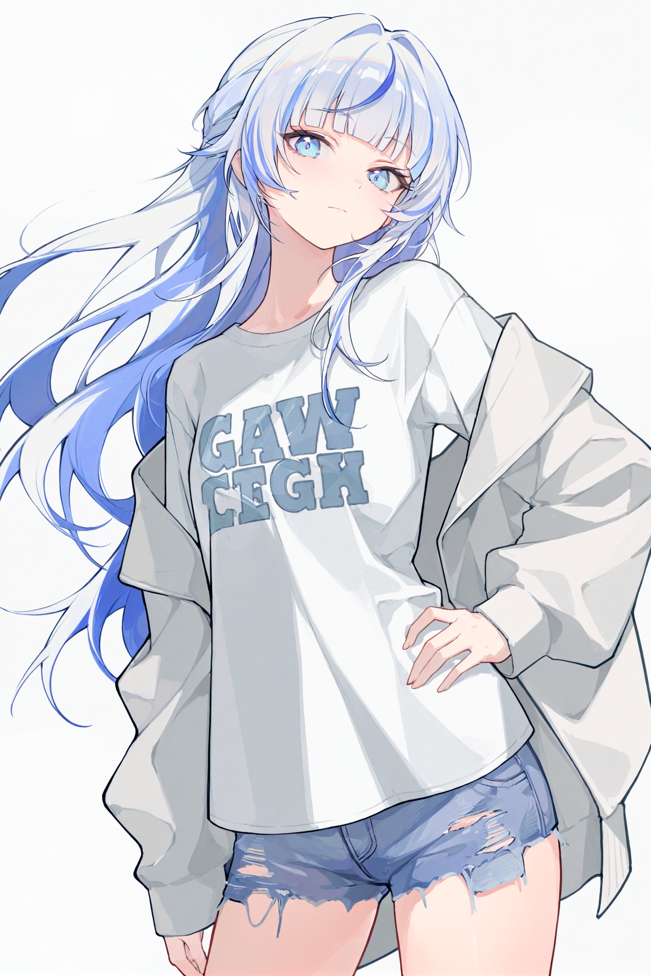akengichi,simple,crisp,gwwj,ezu,Tender,(masterpiece:1.1),(best quality:1.1),foreshortening,dynamic_angle,(extremely delicate and beautiful:1.1),(huge filesize:1.1),(Noise and grain:1.1),(amazing quality:1.1),\\//,1girl, solo, shorts, blue eyes, jacket, denim, shirt, multicolored hair, long hair, blue hair, looking at viewer, white shirt, white hair, off shoulder, denim shorts, hand on own hip, simple background, virtual youtuber, grey background, long sleeves, white jacket, torn shorts, open clothes, torn clothes, streaked hair, blue shorts, short shorts, closed mouth, blunt bangs, open jacket, cowboy shot