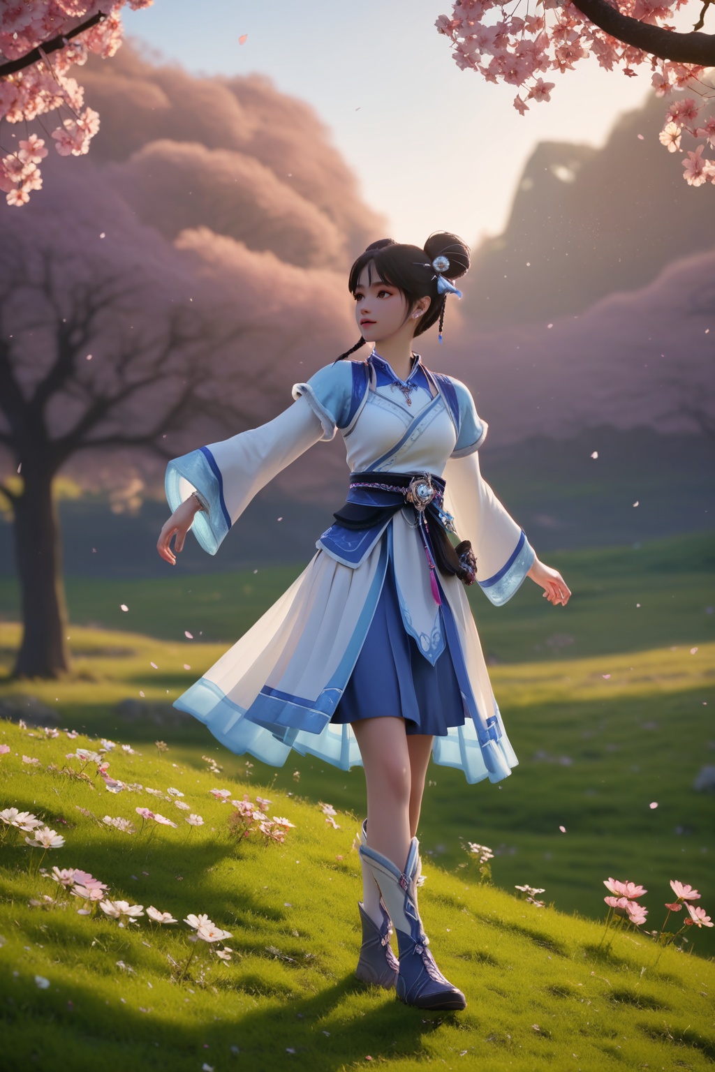 (Dancing amidst a field of wildflowers, she celebrates the beauty of nature with unrestrained joy:1.2),looking at viewer,<lora:XL16神国之上宁小龄:0.85>,preteen girl,white dress,blue bolero,black hair,braid,double bun,hair ornament,jewelry,sash,necklace,socks,boots,(large breasts:1.2),tree,flower,pink_flower,water,stone,flowers_Surrounded,pondel,, score_9,score_8_up,score_7_up,score_6_up,score_5_up,score_4_up,3d rendering,tag1,tag2, Cinematic Lighting,backlighting,
