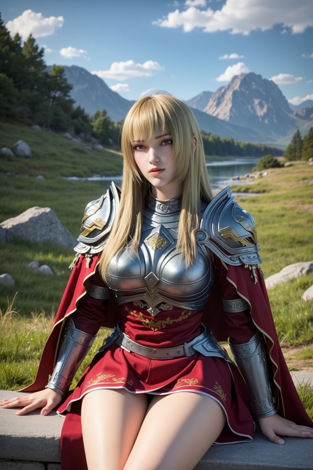 ultra realistic 8k cg,picture-perfect face,perfect face,beautiful face,masterpiece,fantasy,detailed background,realistic,perfect female body,curvy body,skindentation:1.3,glowing eyes,intricate detail,cowboy shot,1girl,sitting,(blonde hair),solo,mountain,sky,cape,long hair,rocks,sky,(armor clothes),a woman in a red dress sits on a stone wall with a mountain in the background,(skirt),(thigh),(bangs),<lora:TianShiYan:0.8>,