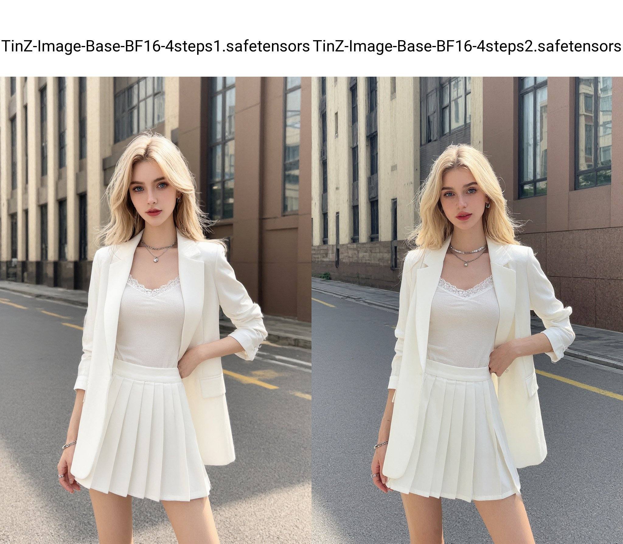Photograph of a blonde young woman standing outdoors on a city street. She has fair skin, blue eyes, and is wearing a white blazer over a lace-trimmed white top, paired with a short white pleated skirt. She accessorizes with a silver necklace and a bracelet. Her hair is styled in loose waves. The background features a beige and brown building with tall windows. The scene is bright and sunny.