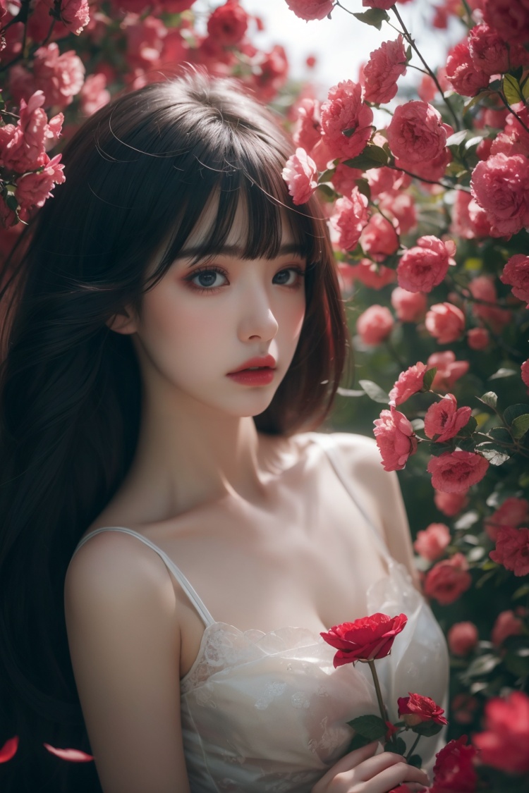 1girl,half body,solo,melancholic,melancholy,nostalgic,a sense of solitude,petals,Surrealistic imagery,dreamlike atmosphere,vibrant and contrasting colors,intricate and detailed elements,