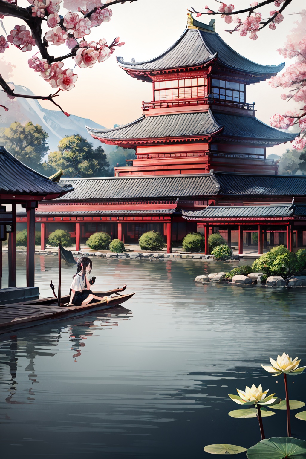 Realistic,best quality,masterpiece,8K,HDR,RAW,1girl,<lora:add_detail:0.6>,mount,water,water lily,chinese style,east asian architecture,<lora:ENNE 水墨丹青_v09:1>,smdq,