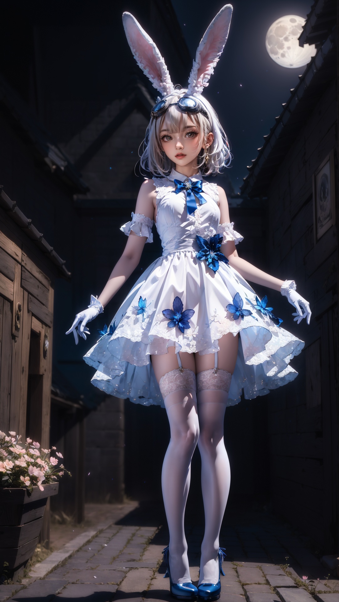 tutututu,1girl,solo,rabbit ears,white dress,white gloves,white thighhighs,blue footwear,goggles on head,sleeveless dress,bangs,blue bow,white hair,short hair,<lora:SY-000010:0.7>,masterpiece, best quality,1girl, (colorful),(finely detailed beautiful eyes and detailed face),cinematic lighting,bust shot,extremely detailed CG unity 8k wallpaper,((flying petal)),(Flowery meadow)sky, cloudy_sky, building, moonlight, moon, night, (dark theme:1.3), light, fantasy,