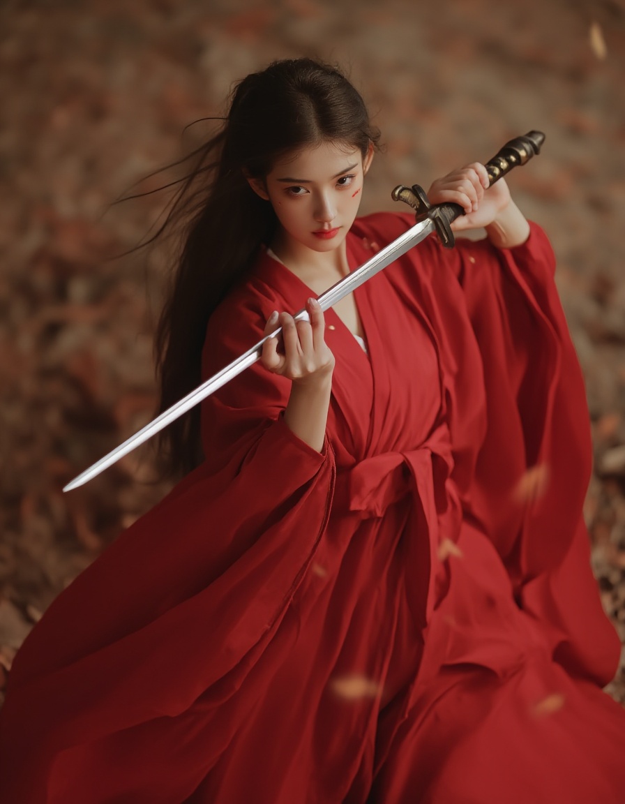 neomj,A woman in a red robe holds a sword.<lora:neomj古风v9_16:1>,