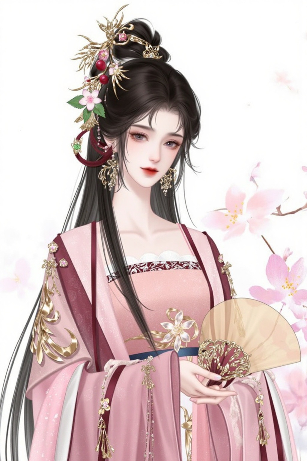 gufeng_style,wenyou,gufeng_style,female,solo,black hair,hair accessories,long sleeves,hug,jewelry,beautiful big eyes,upper body,flowers,earrings,wide sleeves,hair bun,makeup,Chinese clothing,insects,plants,hand fan,red lips,updo,Hanfu,Color temperature:-100,messy hair,impactful visuals Perfect composition,she has delicate facial features and perfect body proportions,with an anime style aesthetic. The character design is very detailed Contrast,layered colors,vivid colors,contrast,official art,movie perspective,very beautiful,depth of field,crazy interaction between light and shadow,highly refined,ultra-high resolution,32K UHD,clear focus,best quality,masterpiece,emotional,non-traditional masterpiece,exquisite details,gentle atmosphere,high-end texture,Chinese New Year,festive atmosphere,Gorgeous Hanfus,Simple background,white background,