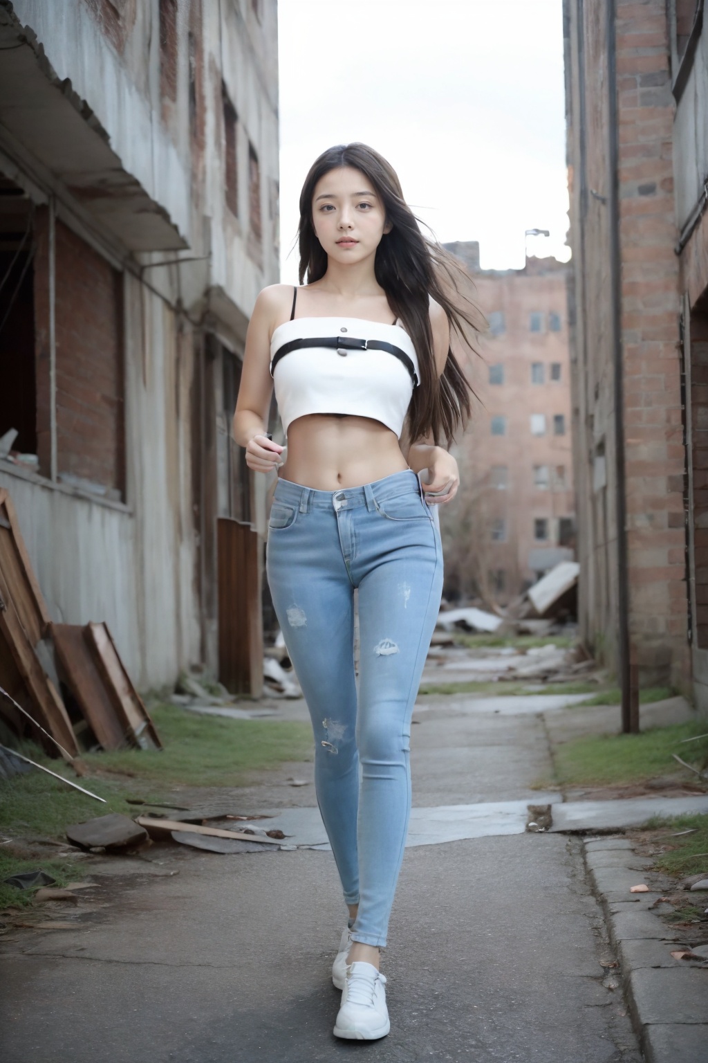 Realistic,(masterpiece:1.2),best quality,8K,HDR,RAW,depth of field,blurry,1girl,( long hair,delicate girl),(Run-down buildings, ruins, abandoned buildings),(looking at viewer),((solo)),huge breasts,standing,<lora:add_detail:0.6>,<lora:GoodHands-beta2:1>,<lora:ENNE 白色无袖短上衣+牛仔裤_v09:1>,white leather_crop top,skinny jeans,