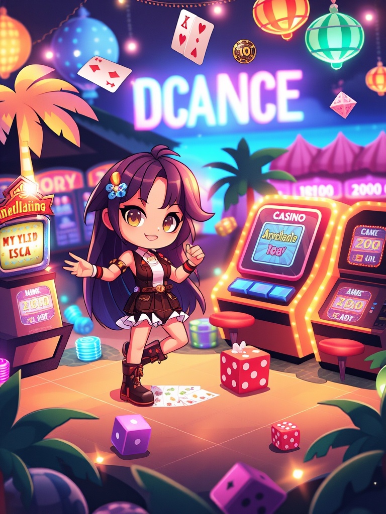 style_mix,  Chibi-style characters exploring a magical,  tropical casino on Tensor.Art