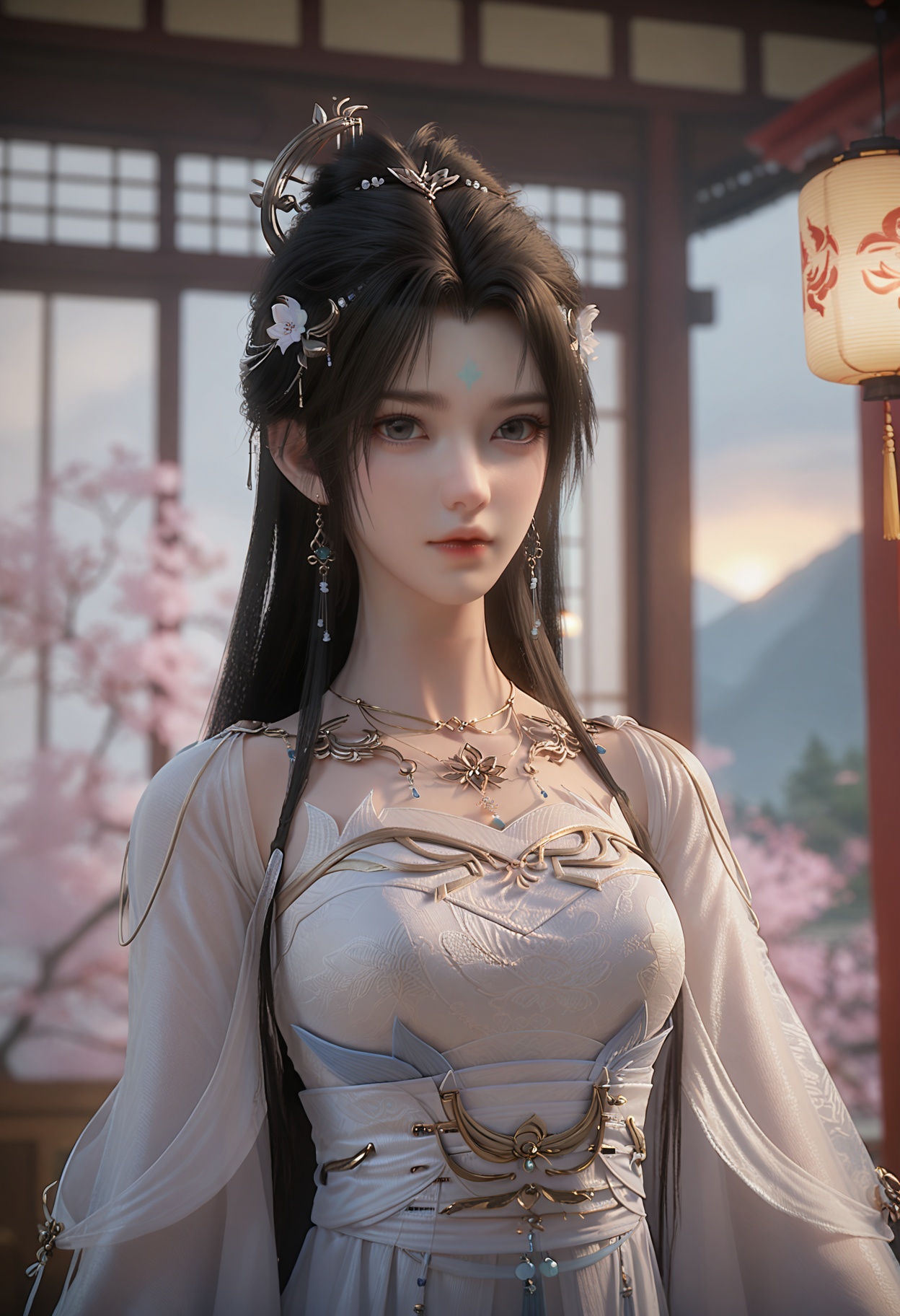 Qing_yi,1girl,jewelry,long hair,hair ornament,solo,earrings,necklace,hair bun,black hair,blurry background,forehead mark,facial mark,hair flower,<lora:Qing_yi25_pony-000002:0.75>,white dress,long sleeves,chinese clothes,score_9,score_8_up,score_7_up,score_6_up,score_9,score_8_up,score_7_up,score_6_up source_anime,looking at viewer,standing,(upper body:1.2),close up,head shot,lantern,open window,looking at viewer,indoors,mountains,blossoms,flowers,east asian architecture,beautiful sunrise,warm ambient temperature,
