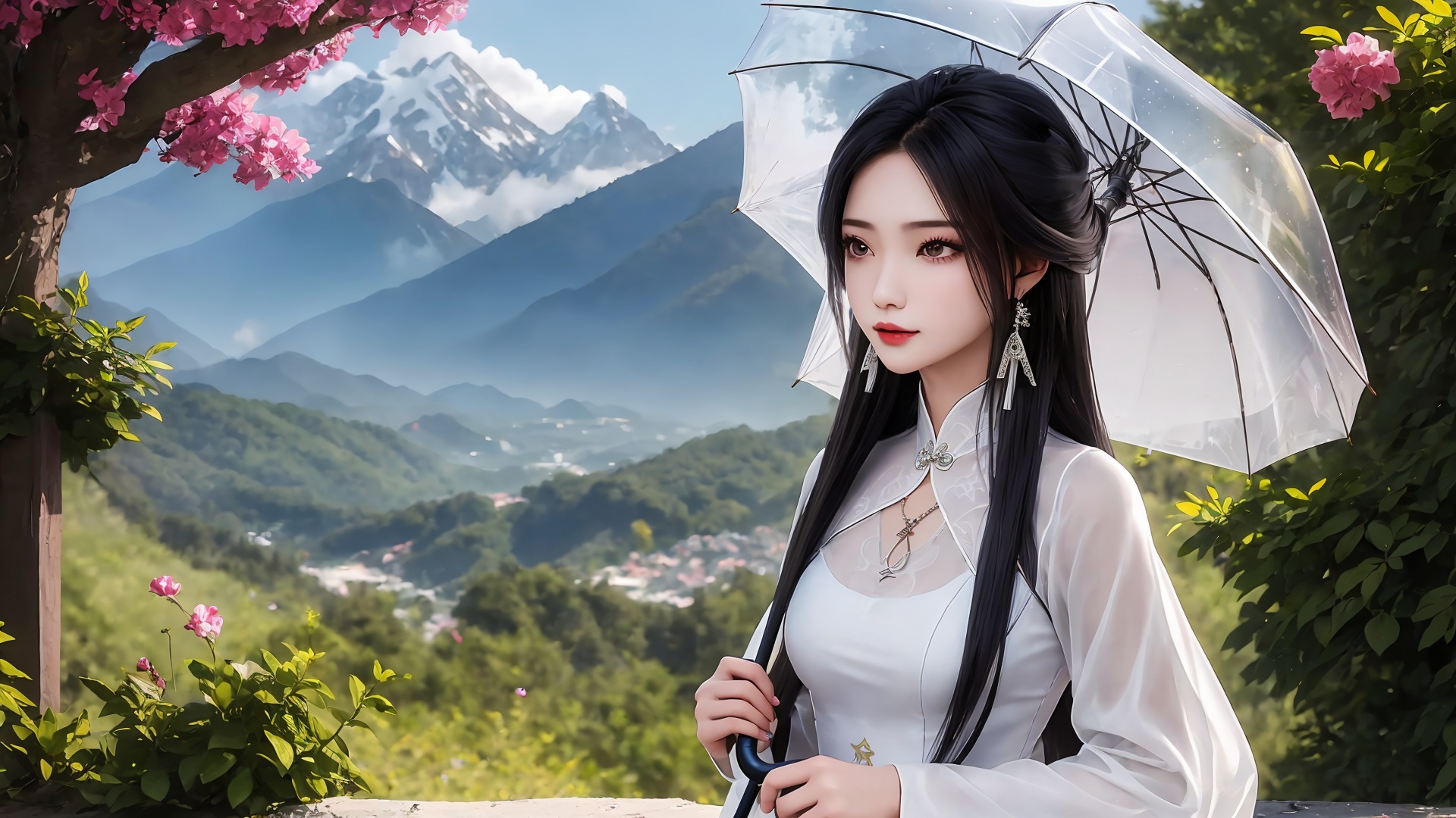 1girl, umbrella, solo, dress, white dress, holding umbrella, jewelry, long hair, black hair, holding, outdoors, chinese clothes, mountain, earrings, necklace, long sleeves<lora:girl solo luxueqi_20240911015355:0.6>,<lora:SD1.5泛光调节_v1.0:0.5>,