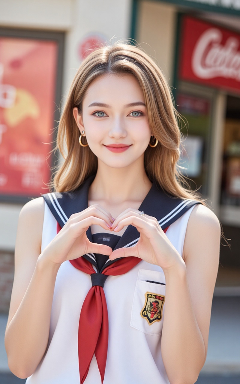 mote,pifu,baoshi,lvjing,long hair,blonde hair,jewelry,earrings,blue eyes,ring,lips,red_lips_,1girl,solo,heart hands,blurry background,heart,blurry,looking at viewer,smile,realistic,school uniform,konohagakure symbol,serafuku,upper body,sailor collar,asian,shirt,red neckerchief,black sailor collar,neckerchief,lips,closed mouth,sleeveless,bare shoulders,10,cover,simple background,gradient background,close-up details,outstanding style,adding a touch of dimension to your images without compromising details,close-up,