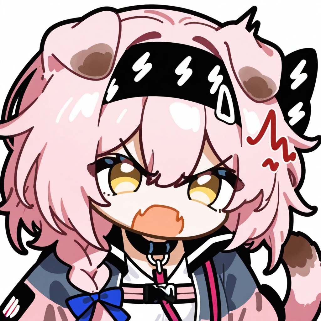 <lora:haqi_angry_fang>,goldenglow \(arknights\),arknights,animal ears,pink hair,cat ears,long hair,yellow eyes,hairband,bangs,braid,hair bow,bow,cat girl,black hairband,floppy ears,cat tail,single braid,tail,blue bow,hair between eyes,chibi,1girl,solo,upper body,haqi,angry,fang,v-shaped eyebrows,looking at viewer,open mouth,white background,simple background,
