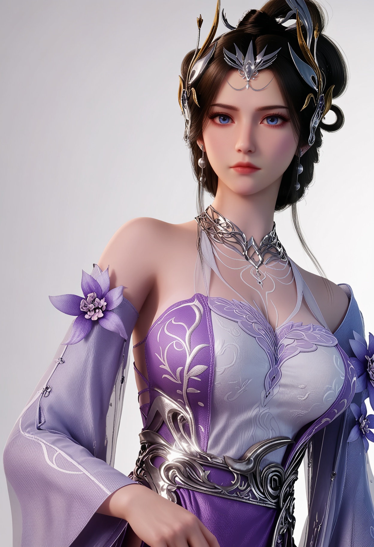 score_9,high detail,best quality,cinematic lighting,volumetric lighting,shiny skin,shiny,1girl,solo,blue eyes,white background,dress,hair ornament,jewelry,expressionless,closed mouth,purple dress,large breasts,black hair,flower,earrings,detached sleeves,bare shoulders,hair bun,simple background,realistic,looking_at_viewer,thighs,<lora:QQSponybaixueV1:0.8>,<lora:Pony_DetailV2.0:0.8>,<lora:皮肤凹痕:0.1>,
