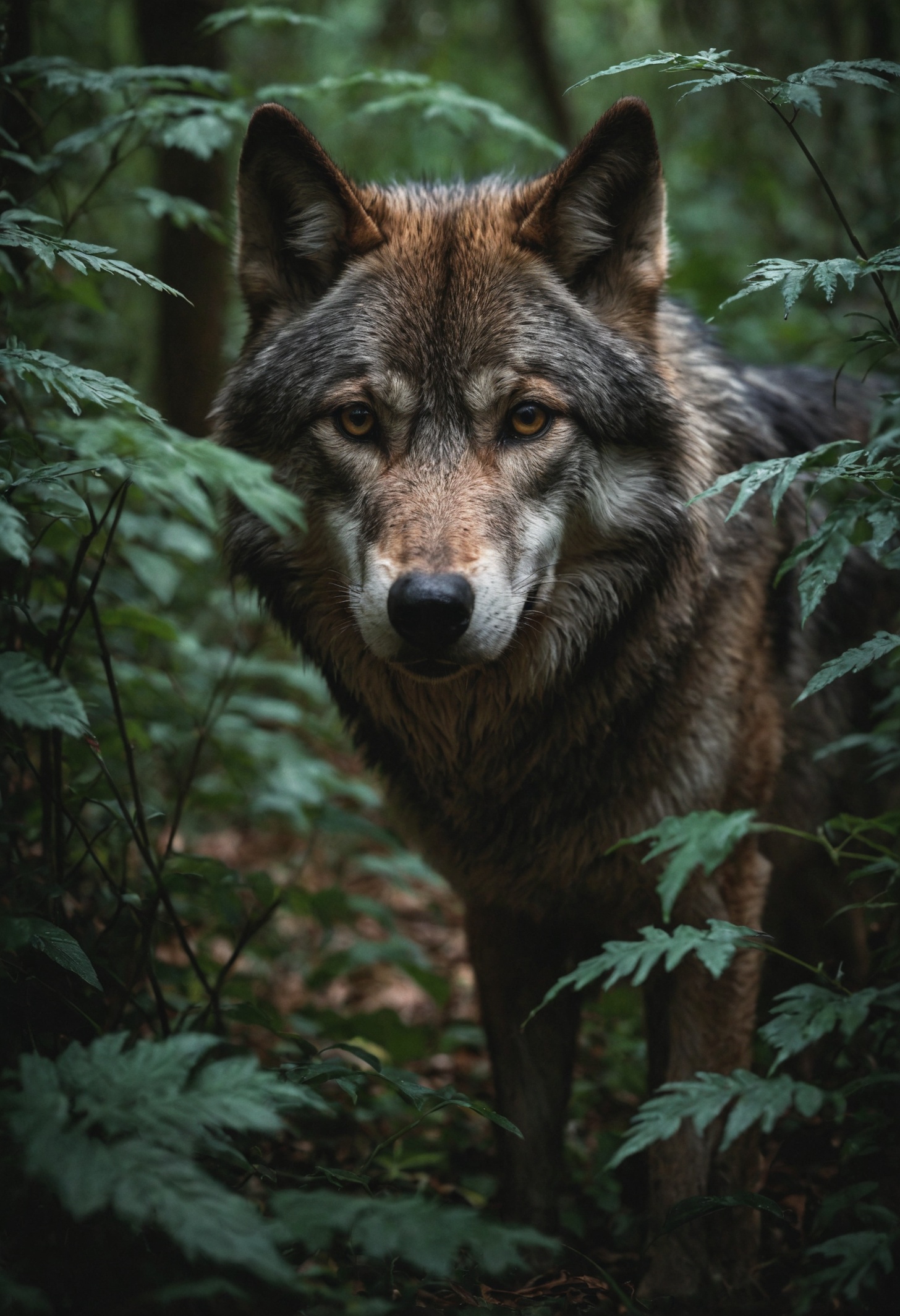 cinematic film still nature shot with wide shot of a dark jungle scene,face of a timber-wolf hiding between the bushes,hunting,nightfall,dimmly lit,intense gaze,tension,perfect composition,masterpiece,best quality,greenery,natural light,fresh,vivid contrast,vivid color,Hyperrealistic art cinematic film still photography in the style of detailed hyperrealism photoshoot,Hyperrealistic art cinematic film still photography in the style of detailed hyperrealism photoshoot,RAW,color graded portra 400 film,remarkable color,realistic dull skin noise,Thorough,analog style,highest quality,skin pores,sharp focus,dappled lighting,film grain,photographed on a Sony A7R IV,18mm F/1.7 cine lens,(highly detailed, intricately detailed),8k,HDR, . shallow depth of field, vignette, highly detailed, high budget, bokeh, cinemascope, moody, epic, gorgeous, film grain, grainy