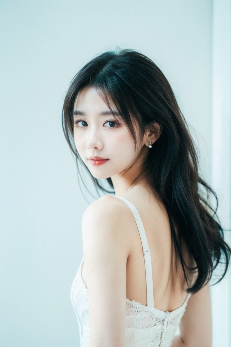 best quality,masterpiece,ultra high res,A captivating portrait of a young woman with striking features. A girl with long, raven-black hair cascading down her back gazes directly at the viewer with an alluring smile. Her closed lips and piercing black eyes draw attention to her flawless complexion. Against a subtle white and gradient background, she stands out in a simple yet elegant setting, adorned with delicate jewelry and earrings that add a touch of sophistication., <lora:13guojiang_lora:1>