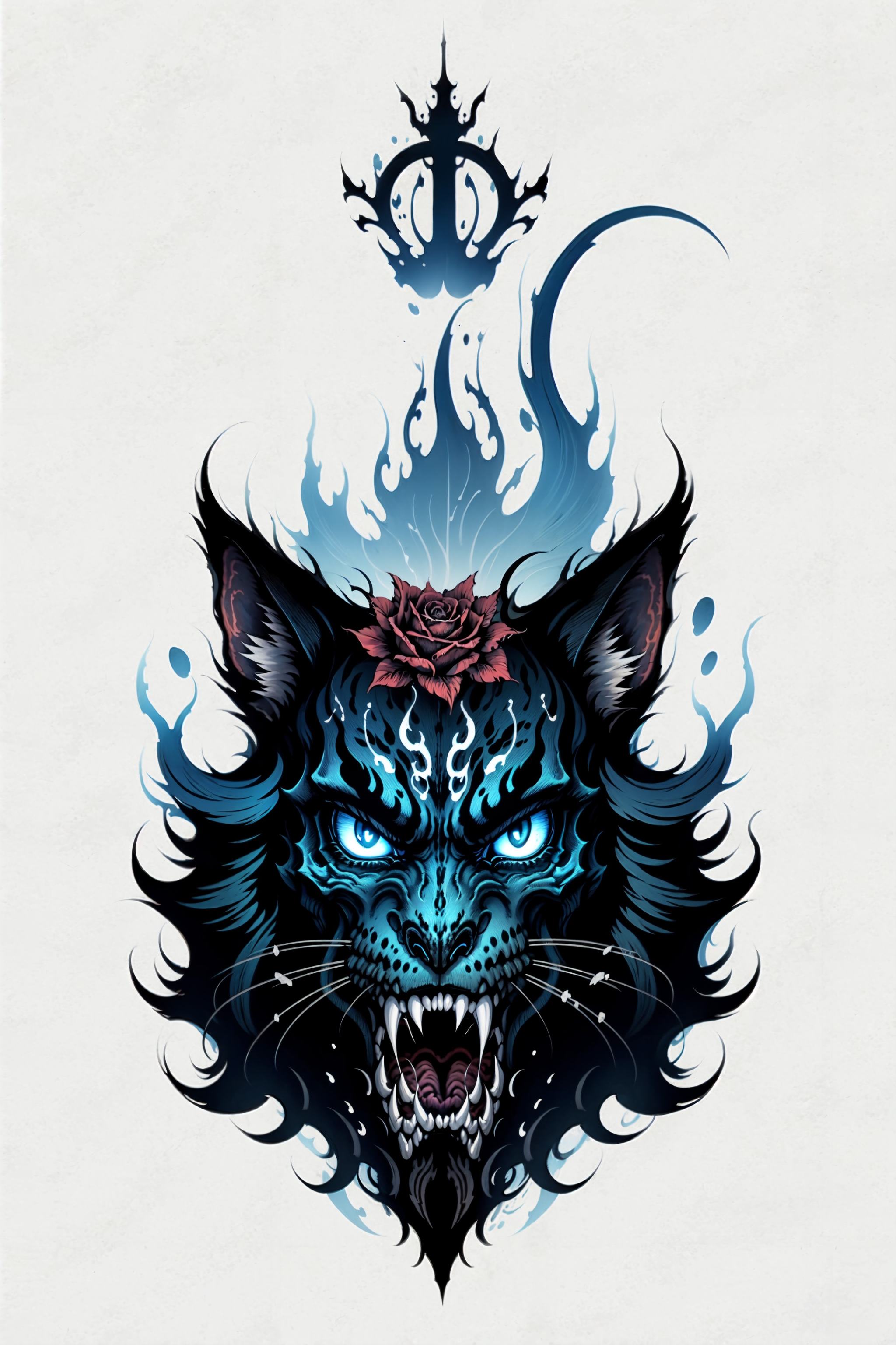 A blue skull cat portrait ,  crown,  rose on Tensor.Art