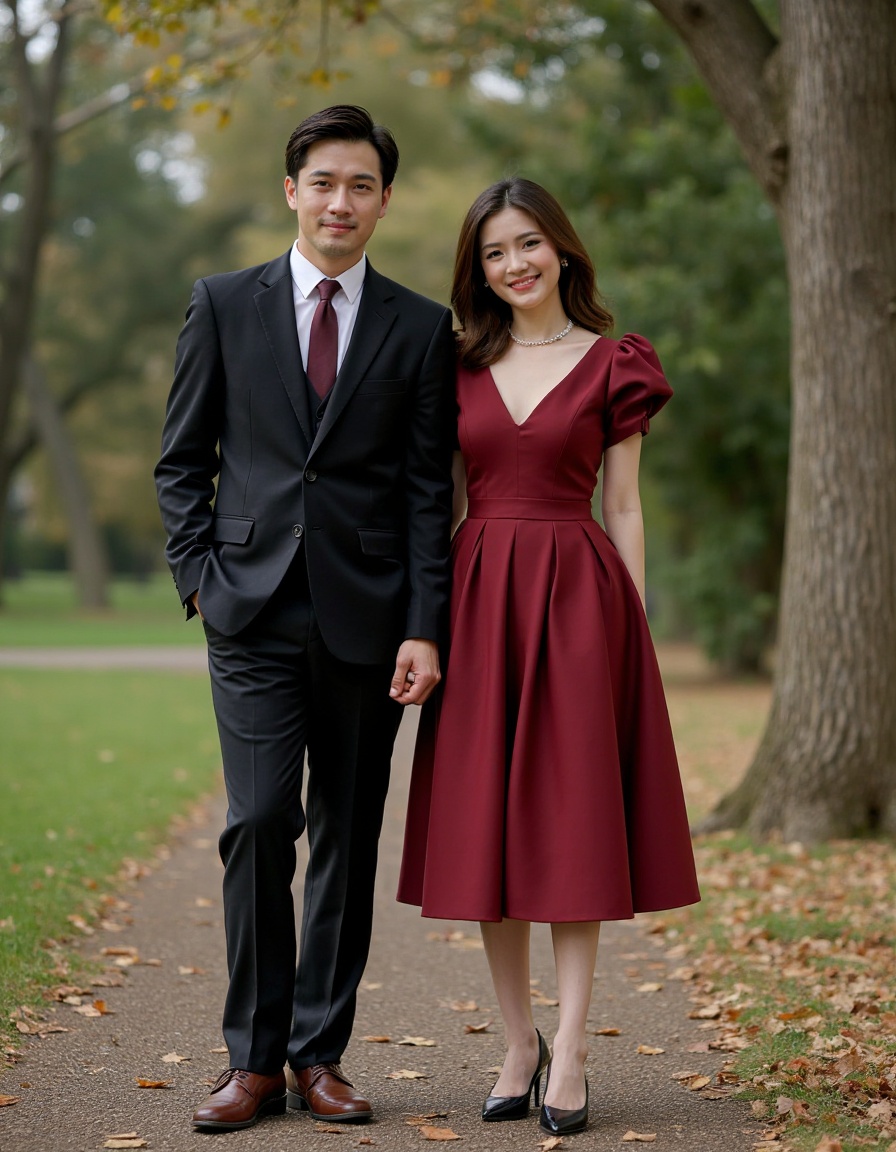 man and woman,suit,dress,full body,looking at viewer,realistic,leather shoes,outdoors,