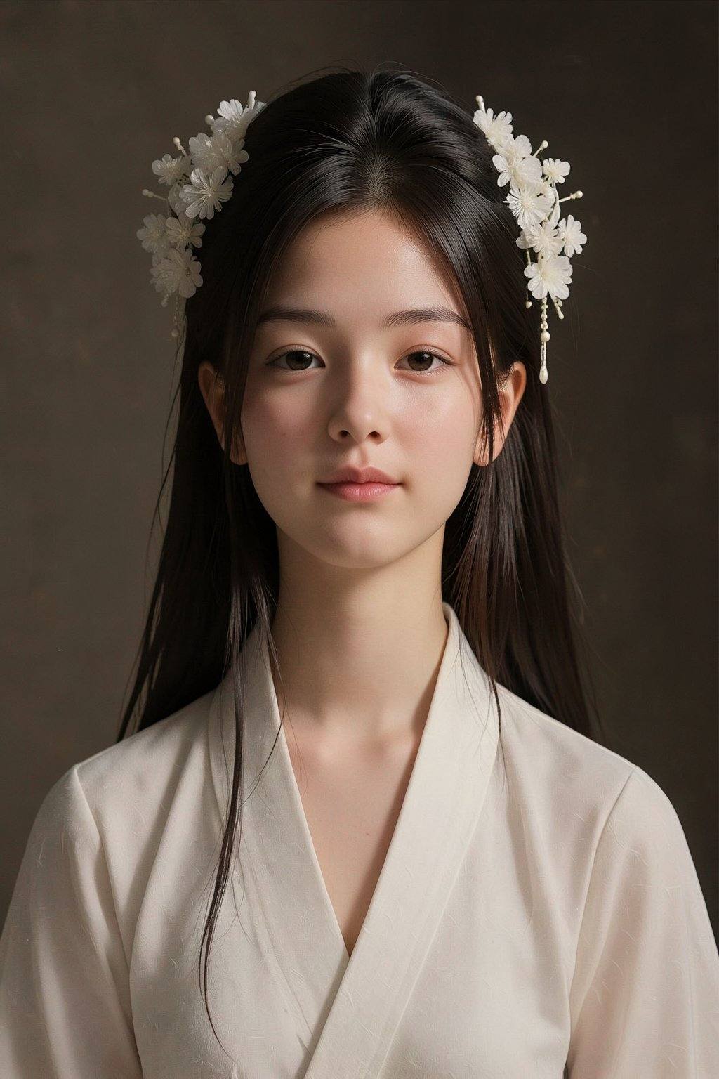 A stunning digital art of a young woman with fair skin,  wearing a white traditional Chinese dress,  with intricate floral...