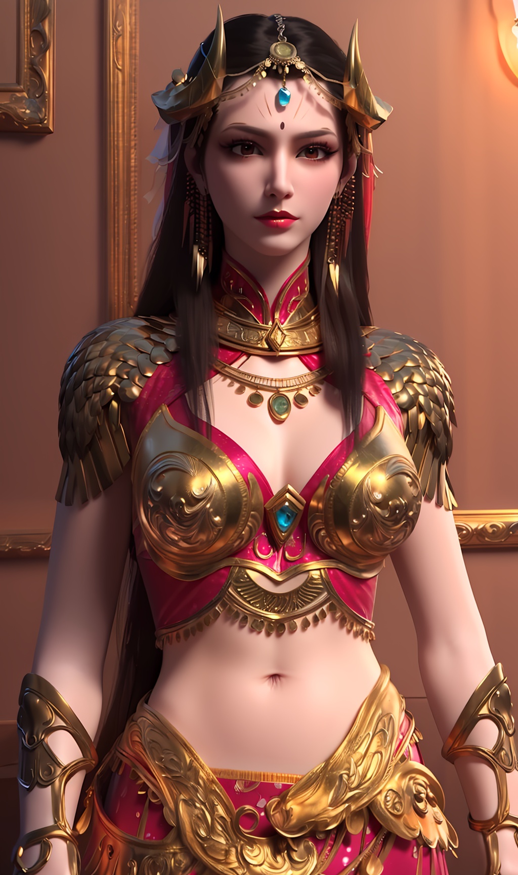 3D,masterpiece,(best quality),(makeup),official art, extremely detailed cg 8k wallpaper,((crystalstexture skin)), (extremely delicate and beautiful),(highly detailed),(face),(gold_trim),(collar),(scarf),(1girl), (solo), (jewelry), (earrings),(black_hair),(long_hair),(hair_ornament),(handwear),(breasts),(chest_protector),((upper_body)),(closed_mouth),(navel),(chinese_clothes),(dress),,(multicolored_clothes),(multicolored_dress),(shiny_clothes),(city,indoor,bed),(wristband),,(armor),,((looking_at_viewer)),((Facing the camera)),, <lora:hipoly3DModelLora_v10:0.3>