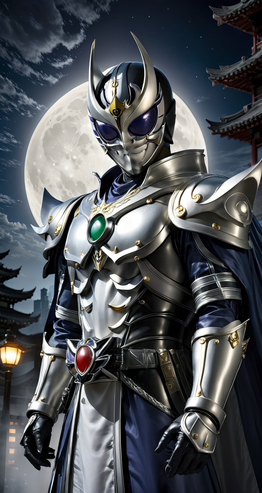 Kamen rider style,  the mask guardian under the moonlight,  wearing a moonlit war robe and a silver mask on Tensor.Art