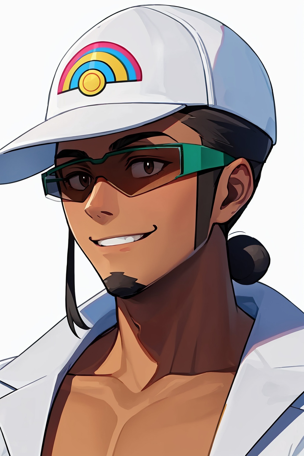 masterpiece,best quality, highly detailed, kukui (pokemon),male focus,1boy,dark-skinned male,baseball cap,white headwear,sunglasses,labcoat,smile,goatee,solo,<lora:kukui_(pokemon):1>,simple background,white background