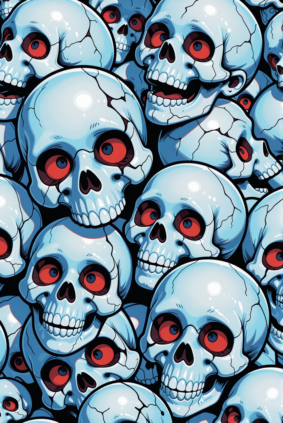 A close-up view of a pile of stylized human skulls,  intricately detailed in a vibrant,  graphic art style. The skulls are...