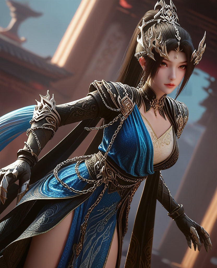 (oriental architecture, elegant decor, sophisticated style:1.1),(legs spread wide open, leaning forward slightly,:1.1),From a tilted or Dutch angle, introducing an element of disorientation or drama,(large breasts:1.2),<lora:XL16云深不知梦羲和融合玄凤:0.95>,miss xihe,black wrap coat with blue overdress,shoulder armor,brown eyes,black hair,very long hair,ponytail,hair ornament,jewelry,chain ornament,gauntlets,sash,blue to white ombre base skirt,cape,, score_9,score_8_up,score_7_up,score_6_up,score_5_up,score_4_up,3d rendering,tag1,tag2, Cinematic Lighting,backlighting,