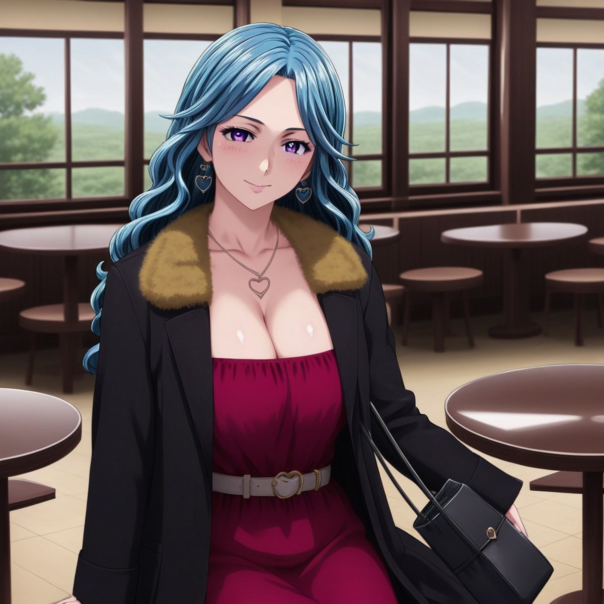 Sitting on chair,  cafe,  seductive smile on Tensor.Art
