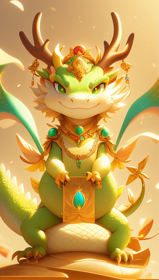 antlers,caifu,closed mouth,colored sclera,dragon,full body,gold,green eyes,hair ornament,holding,horns,jewelry,looking at viewer,male focus,no humans,sitting,smile,solo,standing,tail,thick eyebrows,<lora:2.14caifulongsd1.5:0.8>,