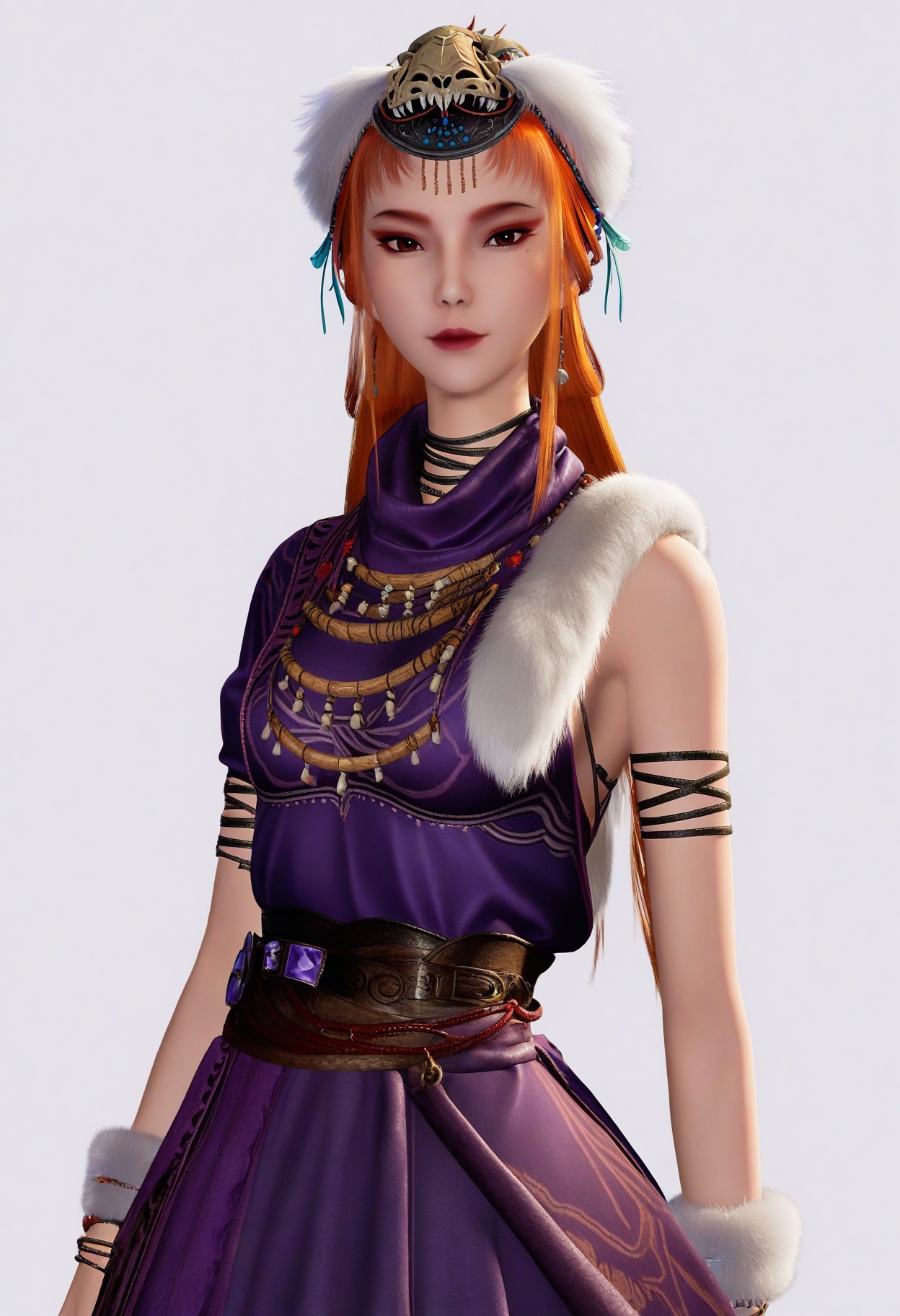 score_9,<lora:SF_JiangChenSecondClothes_Pony_Realism2.3-000004:0.7>,hair ornament,long hair,dress,eyeshadow,orange hair,headdress,1girl,breasts,dress,purple dress,purple skirt,fur trim,necklace,  solo,medium breasts,   looking at viewer,white background,simple background,