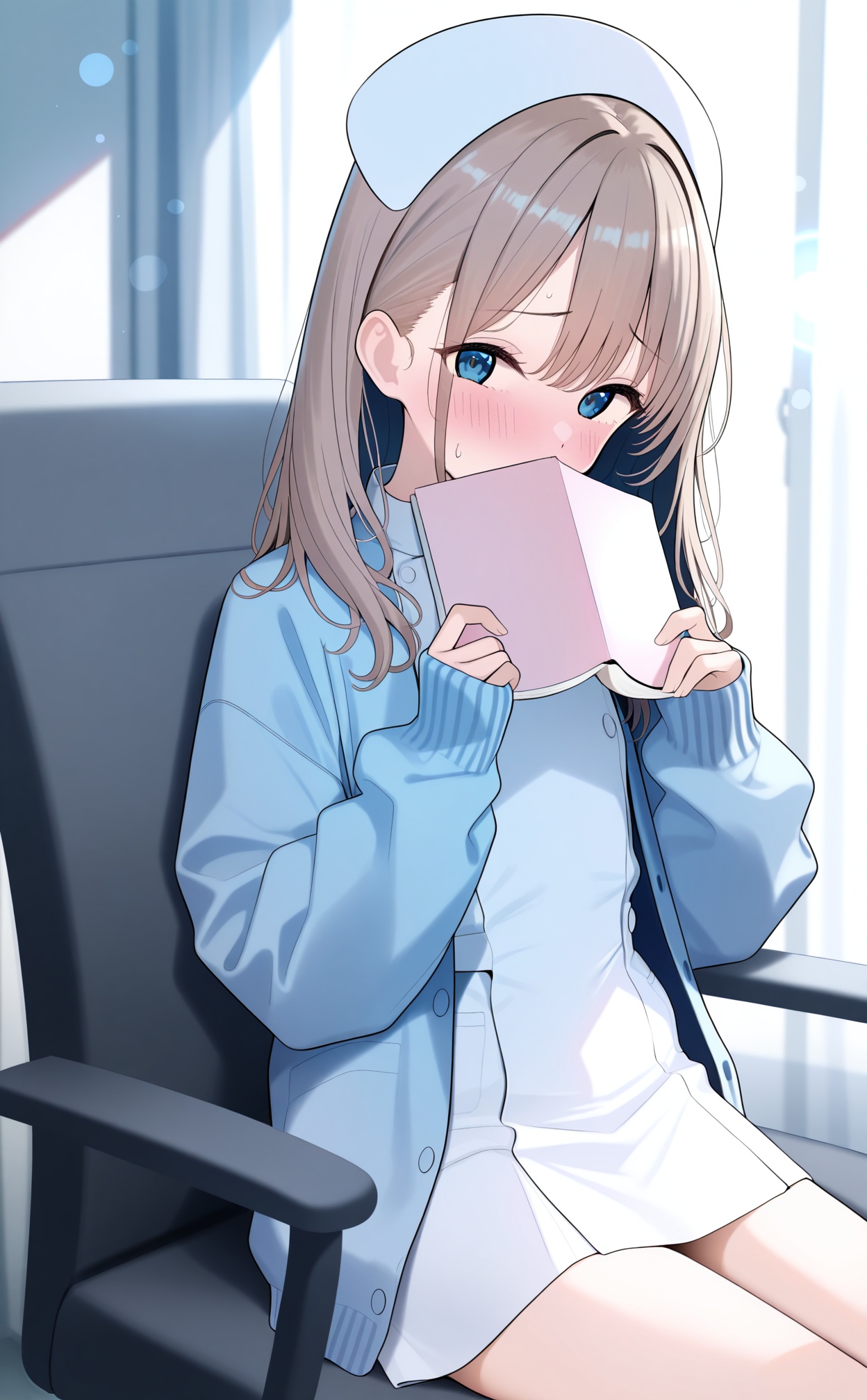 masterpiece,very aware,(highres),absurdres,newest,best quality,high quality,chromatic_aberration,White Theme,lightblue Theme,//,1girl, nurse_cap, blush, blue_cardigan, solo, hat, book, holding_book, holding, nurse, cardigan, looking_at_viewer, @_@, brown_hair, long_hair, sitting, blue_eyes, open_cardigan, covering_own_mouth, chair, sweatdrop, dress, long_sleeves, indoors, white_dress, serizawa_asahi, curtains, embarrassed, sleeves_past_wrists, white_headwear, on_chair//,absurdres,newest,very aesthetic,amazing quality,highres,sensitive,ultra detailed,best anatomy,HDR,8K,high detail RAW color art,high contrast,illustration,depth of field,(colorful),phenomenal aesthetic,detailed light,blurred picture,Tyndall effect,contrast,lens flare,cinematic lighting,//,<lora:TuriSasu——【noob】hans:1>,