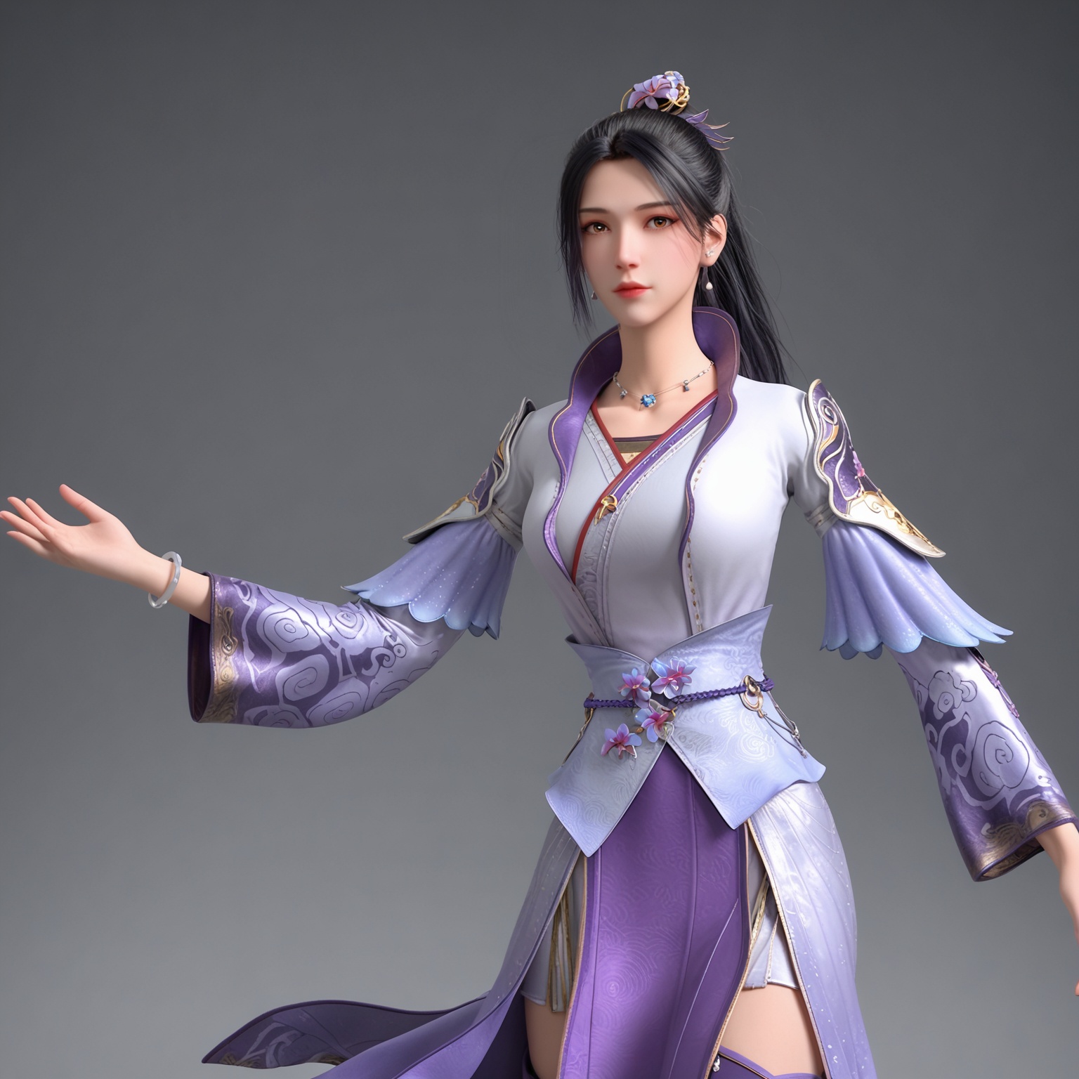 <lora:YQponynangongxierV2:0.8>,q1528437228,solo,1girl,black hair,jewelry,necklace,hair ornament,long hair,earrings,ponytail,realistic,dress,brown eyes,chinese clothes,thighhighs,long sleeves,hair bun,single hair bun,boots,sash,bracelet,high ponytail,brown hair,high heels,japanese clothes,shoes,BREAK score_9,upper_body,portrait,shiny_skin,looking at viewer,cinematic lighting,volumetric lighting,solo focus,(huge breasts:0.9),(simple background,pure black background,black background:1.1),