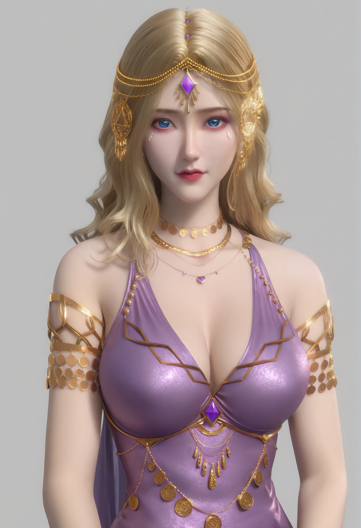 (score_9),<lora:卡丹1-Apony:0.85>,kardan,(mature_female),solo,blonde hair,long hair,hair ornament,jewelry,necklace,forehead jewel,head chain,gem,armlet,bracelet,purple dress,<lora:perfect eyes_v1:1>,blue eyes,looking at viewer,front view,light blush,bright pupils,<lora:Expressive_H-000001:0.8>,(stretch:1.1),collarbone,pointy breasts,puffy breasts,large breasts,narrow waist,thighs,side slit dress,simple background,grey background,<lora:皮肤凹痕:1.2>,