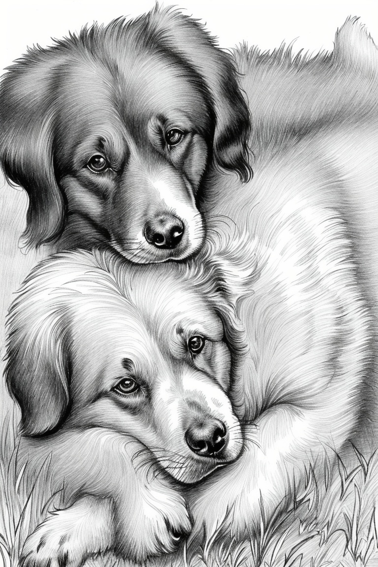 ((HRD, HUD, 8K)),((masterpiece, best quality)), highly detailed, soft light,Sketch, greyscale, monochrome, no humans, grass, animal, white background, animal focus, dog, hug, simple background,  <lora:20240413-1712999239990:0.8>