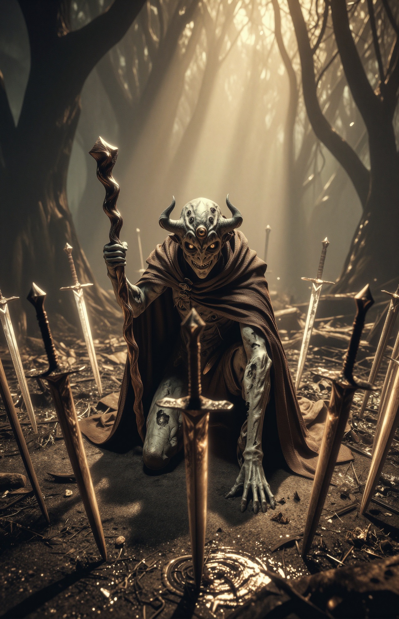 YY Anime style,这是一件描绘黑暗、怪异场景的数字幻想艺术品。中心人物是一个人形生物，有一张扭曲的、可怕的脸，有多只眼睛和角。它单膝跪地，双手握着一根扭曲发光的手杖。这种生物的皮肤是灰色的，有纹理，它穿着一件破旧的棕色斗篷，披在肩膀和背部。斗篷的质地粗糙、破旧，增加了这种生物的不祥外观。围绕着这个生物的是许多直立在地上的剑，它们的刀刃发出微弱而怪异的光芒。剑以圆形图案均匀分布在生物周围，营造出一种包容或仪式性的安排感。背景是一片薄雾笼罩、光线昏暗的森林，有高大扭曲的树木。阳光透过树林，洒下金色的光芒，与黑暗、阴暗的环境形成鲜明对比。地面又湿又泥泞，水坑里可以看到闪闪发光的剑的倒影。整体色调是深色和柔和的，棕色、灰色和金色的阴影主导着场景。斗篷的纹理、生物的皮肤和地面都非常精细，强调了艺术品的冷酷和奇幻氛围。这种风格让人联想到黑暗幻想或恐怖主题，注重营造一种不祥和神秘的感觉。