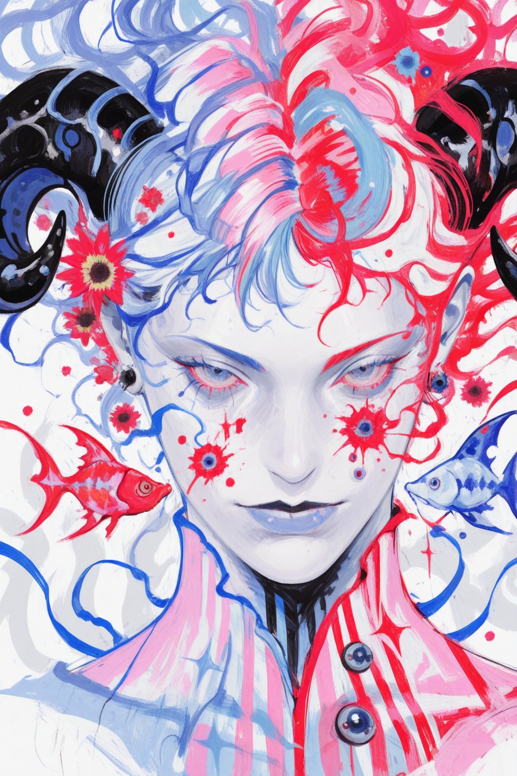 girl with flowers in her hair,  curled horn,  multicolored art on Tensor.Art