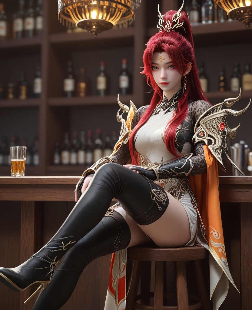 (She sits on a bar stool, her elbows on the counter, deep in conversation.:1.1),looking at viewer,(large breasts:1.2),<lora:XL16云深不知梦炽阳华明:0.95>,miss chiyanhuaming,beige panel dress,forehead mark,grey eyes,red hair,half-up high ponytail with long cascading hair,long hair,hair ornament,earrings,jewelry,armguards,sash,orange cape,black gloves,high-heeled thigh boots,, score_9,score_8_up,score_7_up,score_6_up,score_5_up,score_4_up,3d rendering,tag1,tag2, Cinematic Lighting,backlighting,