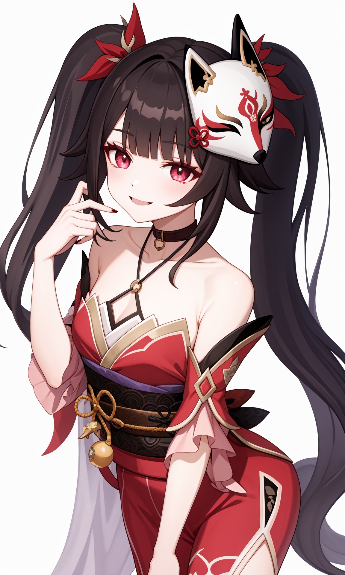 sparkle \\\(honkai: star rail\\\),1girl,solo,mask,twintails,black hair,long hair,fox mask,smile,japanese clothes,bare shoulders,kimono,choker,bangs,<lora:花火-000020:1>,, 1girl,,  (masterpiece,best quality:1.2),absurdres