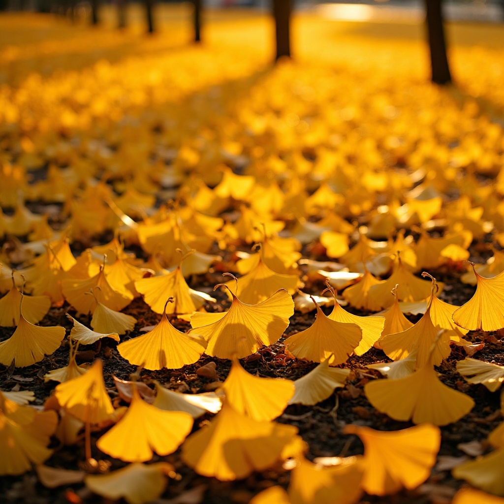 yinxingye,yinxingye,Rows of fan-shaped ginkgo leaves cover the ground, forming a golden carpet. The setting sun casts a soft glow on the surface of the leaves, and the edges of the leaves are outlined with fine golden edges in the twilight. The warm light and shadow interweave to create the tranquil beauty of autumn dusk.