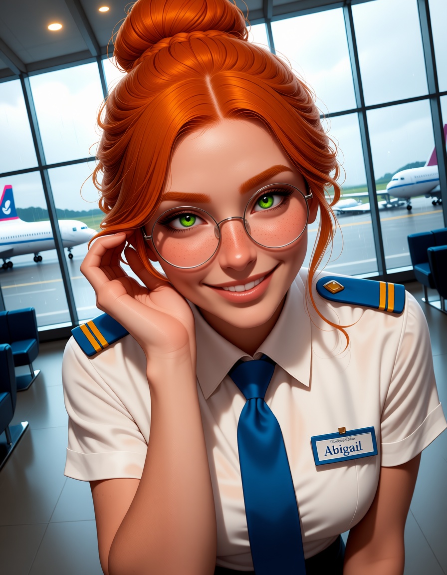 masterpiece,  best quality,  score_7A beautiful ginger stewardess with orange hair styled in a neat bun on Tensor.Art