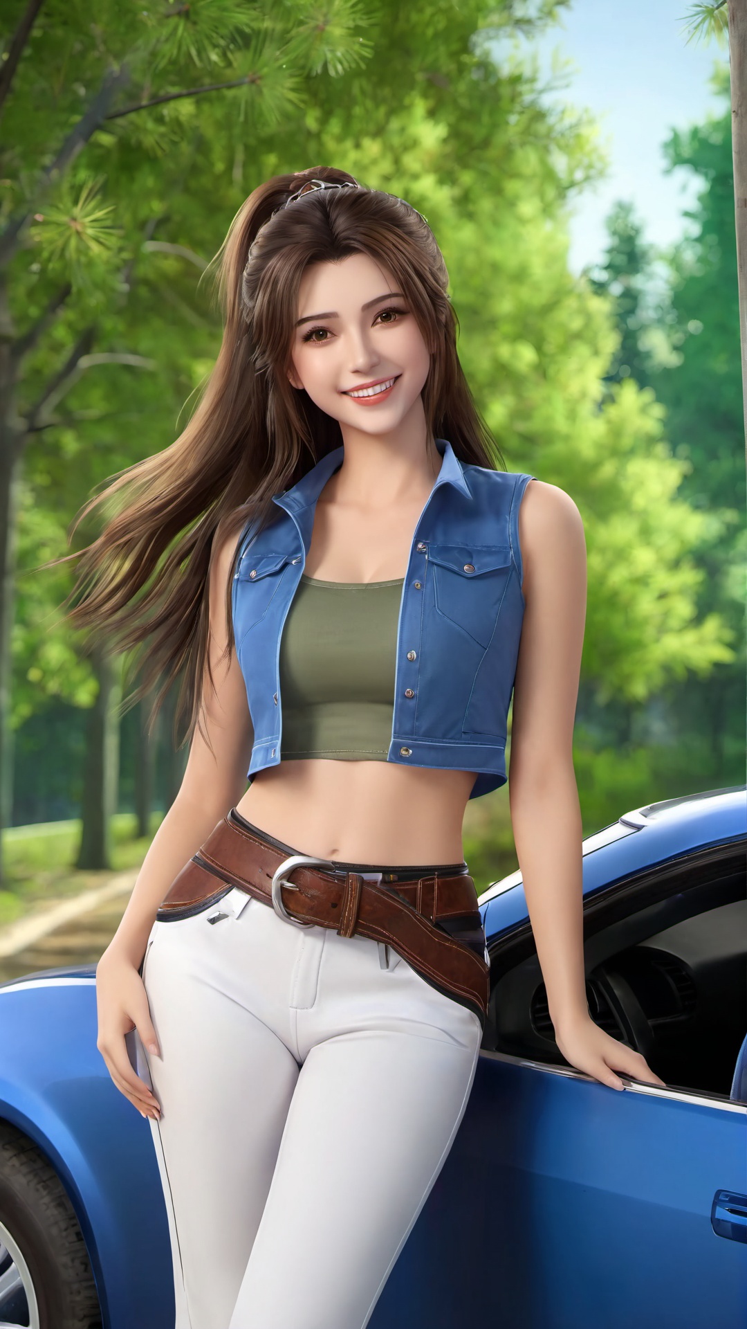 1girl,car,solo,motor vehicle,long hair,navel,ground vehicle,brown hair,belt,smile,brown eyes,outdoors,looking at viewer,realistic,tree,midriff,pants,tube top,photo background,vest,teeth,breasts,<lora:仙逆-王林-马良-李慕婉合一:0.73>,