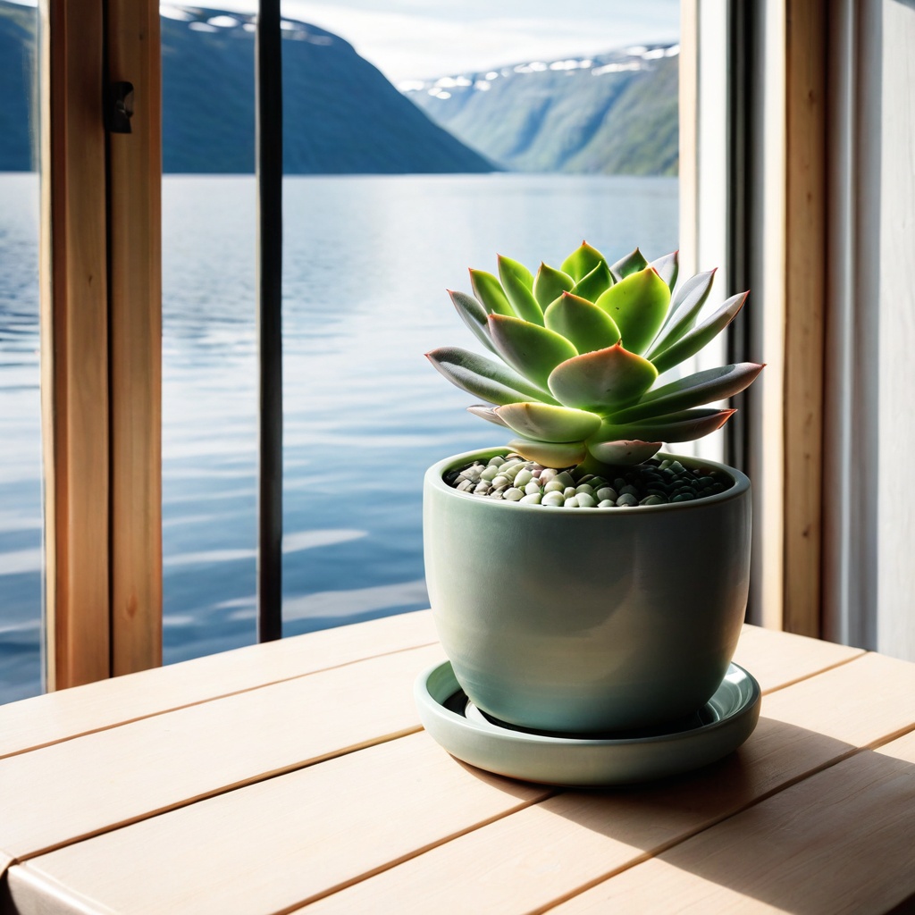 scenenordifjord,  a small potted succulent,  Nordic fjord-side cabin table on Tensor.Art