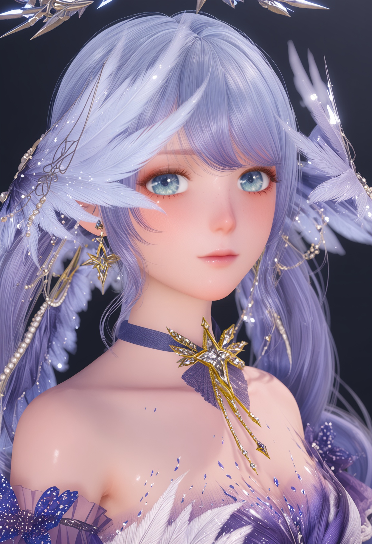 (upper_body:1.2),(looking at viewer:1.1),facing viewer,direct gaze,<lora:YQ_pony_nuannuan21_chiyubuyu_zhigengniaoranse_V4:0.8>,see-through,see-through long_sleeves,1girl,solo,long hair,dress,jewelry,earrings,choker,purple dress,blue hair,purple hair,hair ornament,blue eyes,twintails,purple choker,ornate golden halo-like crown featuring intricate leaf patterns.,BREAK (white skin:1.1),(fair skin:1.1),(Ivory skin:1.1),(shiny skin),perfect anatomy,(simple background,pure black background,black background:1.1),