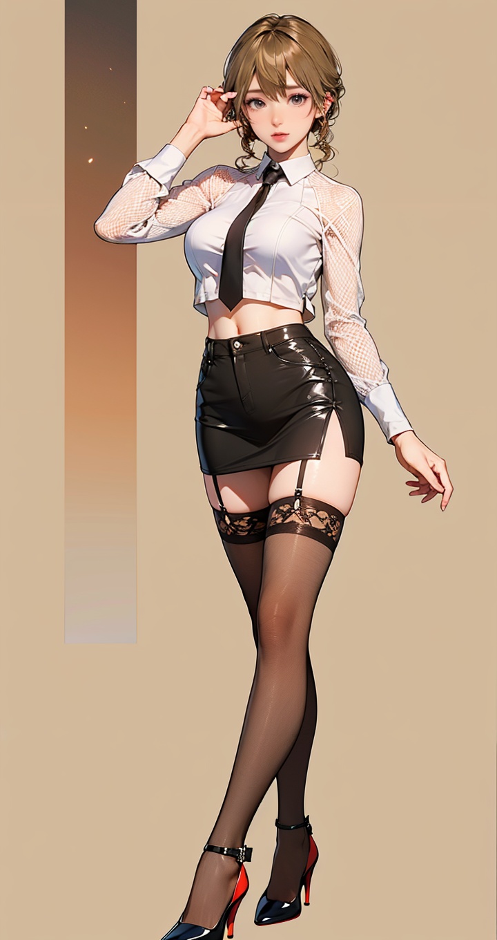 ((masterpiece,high quality,best quality,8k,wallpaper,fine lineart,highly detailed,absurdres)),(front view:1.2),1girl,thighhighs,miniskirt,high heels,mesh top,pretty hands,brown eyes,long legs,dynamic pose,window,cityscape,<lora:monica3rface-000005:0.75>, monica,brown eyse,