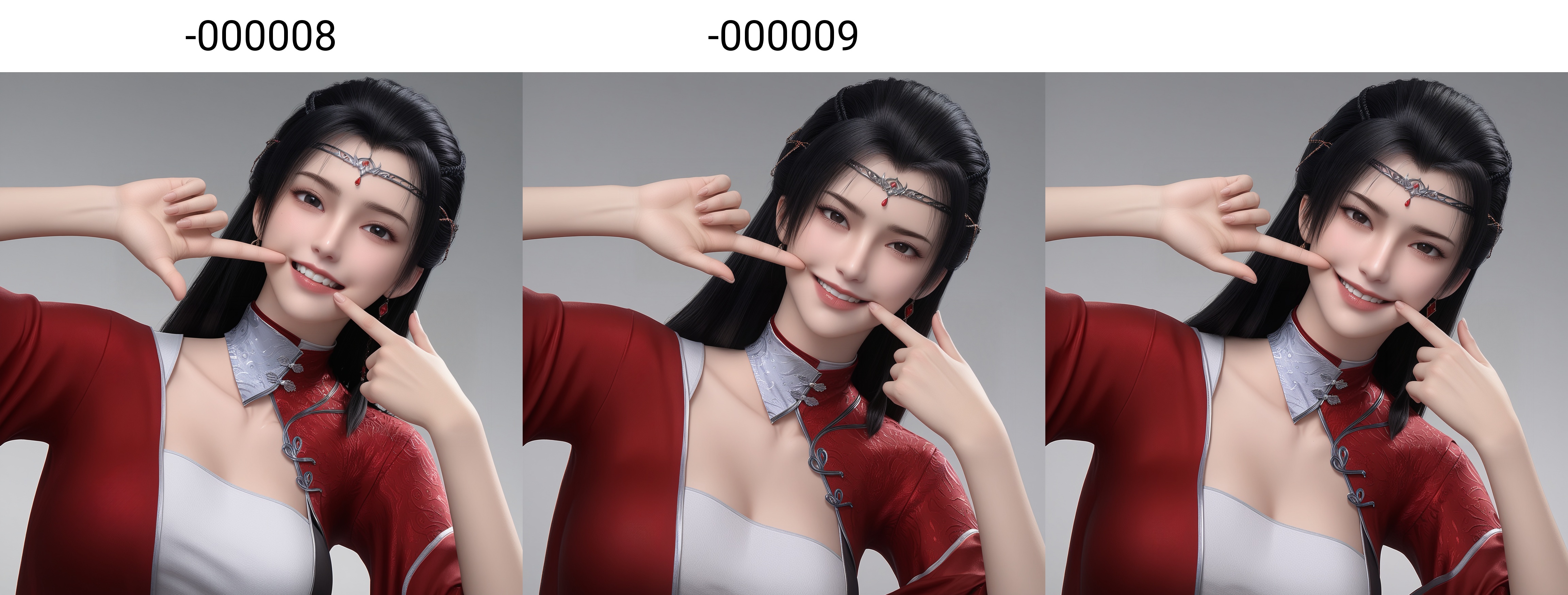 masterpiece,best quality,absurdres,highres,BREAK(glamor:1.1),slender,1girl,solo,<lora:流风霜ill-000008:0.83>,long hair,black hair,hair ornament,jewelry,forehead ornament,earrings,white inner top,high collar,red silk robe,diagonal closure,red robe,collarbone,(large breasts),looking at viewer,front view,(fingersmile),eyelid_pull,upper body,BREAKsimple background,white background,rim light,Tyndall effect,Volumetric Lighting,Cinematic Lighting,