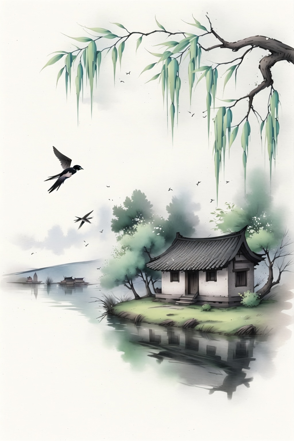 ycbh, no humans, bird, tree, fog, house, branch, water, architecture, scenery, outdoors, Ink and wash, ancient charm, blank space, full of spring, willow trees, leaves, swallows,<lora:ycbh4:0.8>,