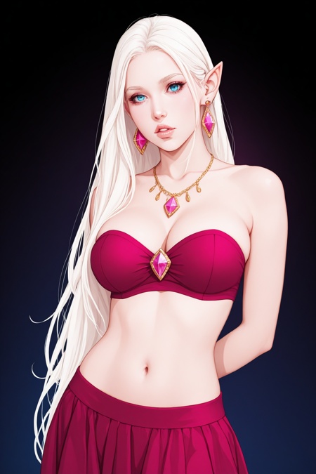 masterpiece, best quality, aesthetic, 1girl, long_hair, solo, jewelry, breasts, navel, pointy_ears, earrings, very_long_hair, large_breasts, white_hair, elf, necklace, black_background, strapless, stomach, cowboy_shot, lips, bare_shoulders, midriff, red_skirt, looking_at_viewer, gem, standing, parted_lips, skirt, simple_background, dark_background, swimsuit, arm_behind_back, pastel colors, realistic